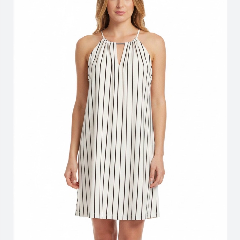 Mango White Mini Dress with Black Pinstripes